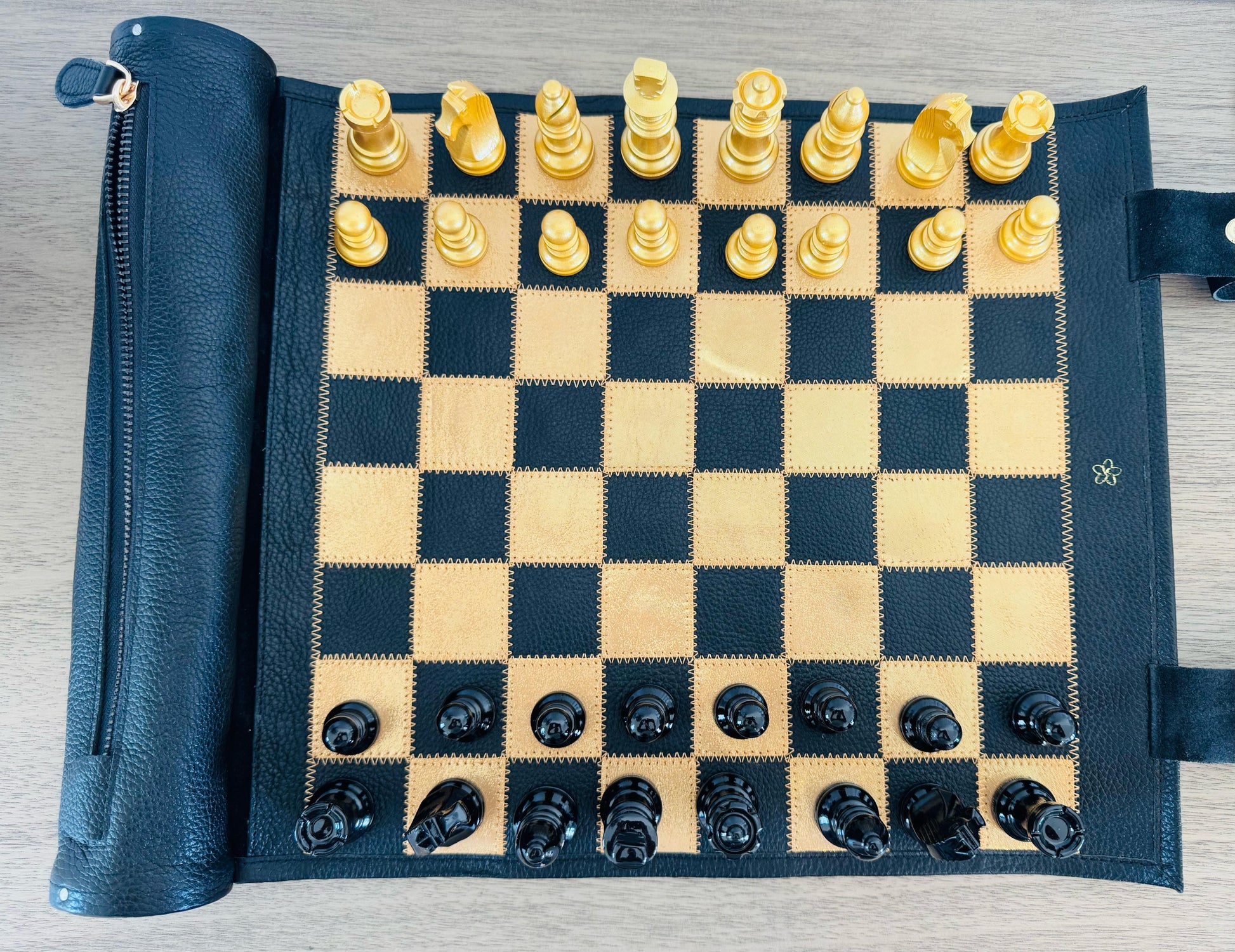Top view of Pharaoh roll-up magnetic leather chess board