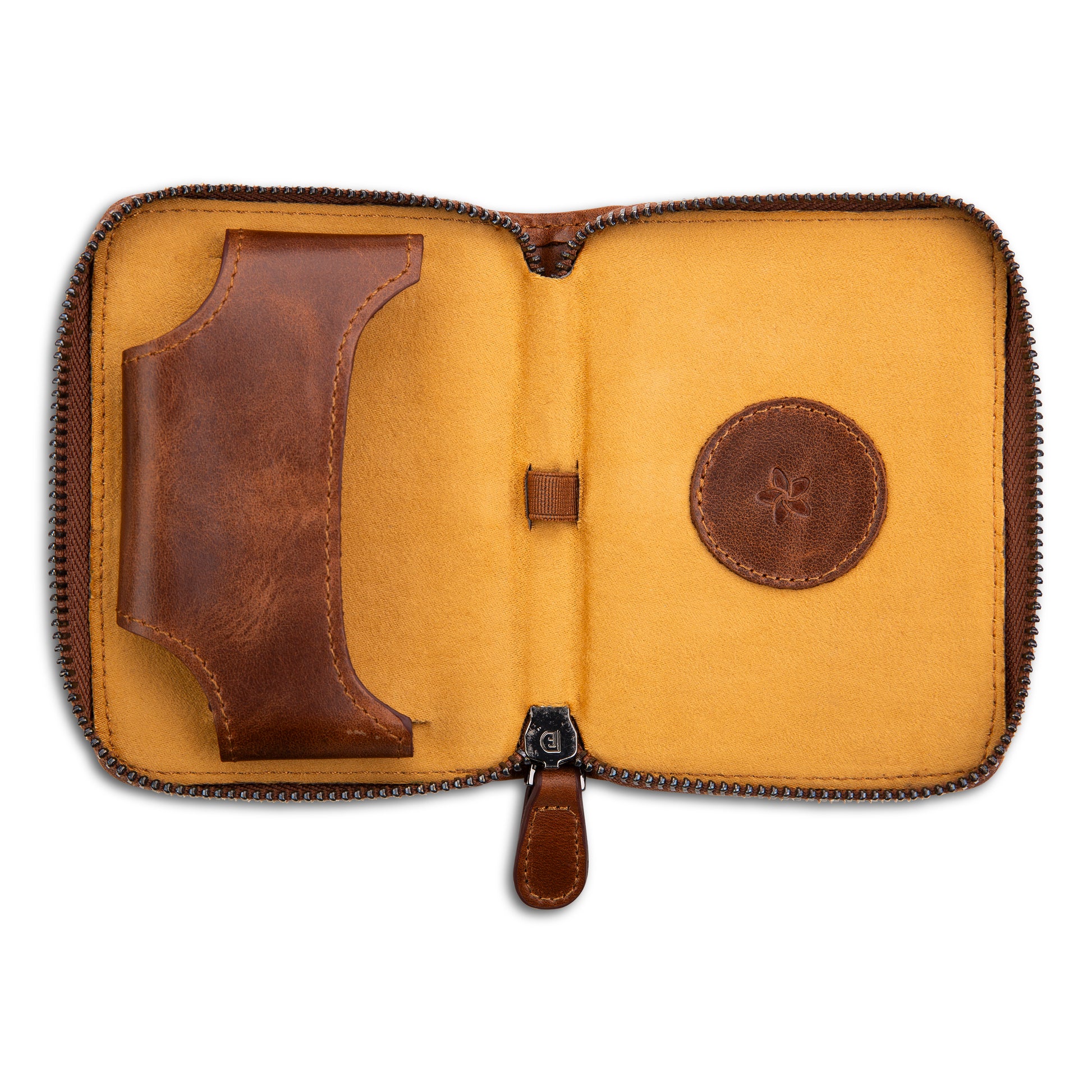 Interior view of MELIA Classic Brown playing card holder with leather card compartment and pencil holder