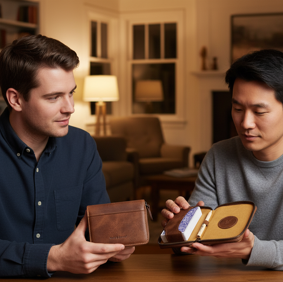 MELIA leather playing card holder presented as a luxury gift