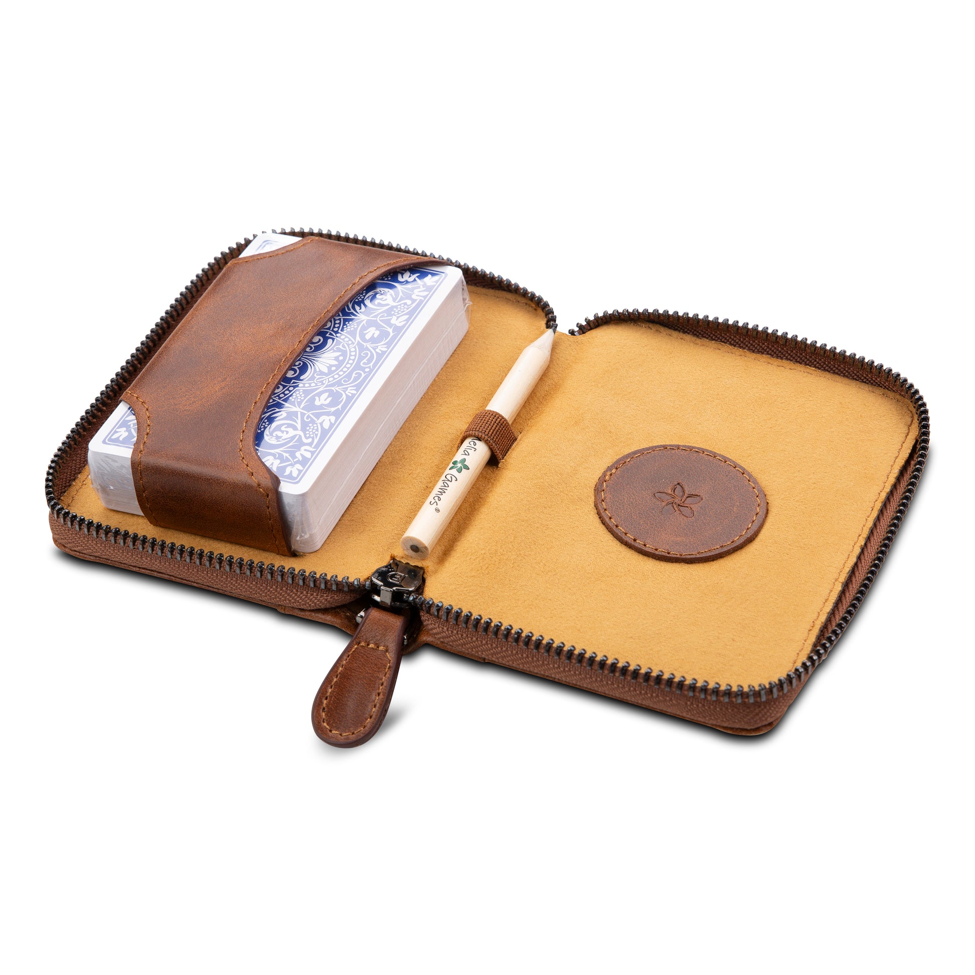 Open MELIA leather playing card travel case with deck of cards and pencil