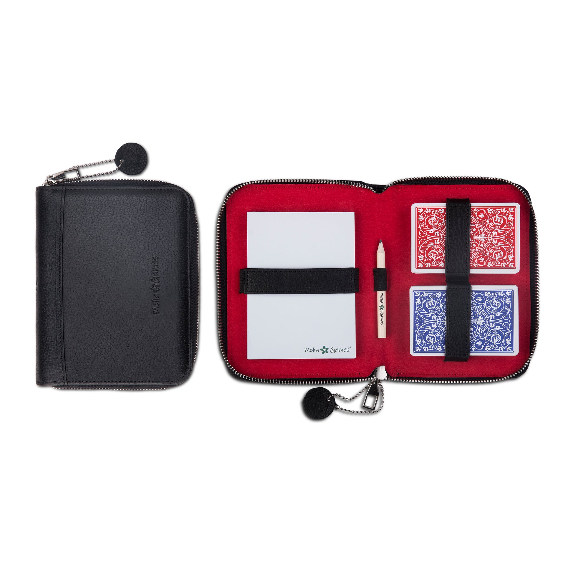 MELIA Playing Cards Set Deluxe Black Red with black leather case, red interior, two card decks and