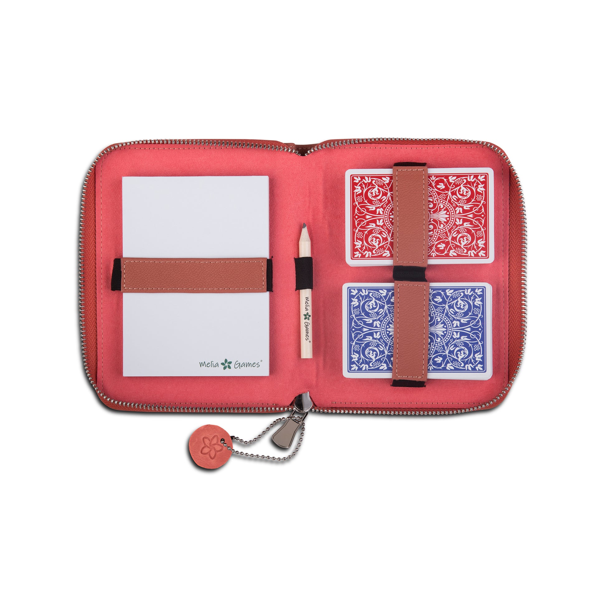 Coral Red MELIA leather playing card case open with two card decks and scorebook