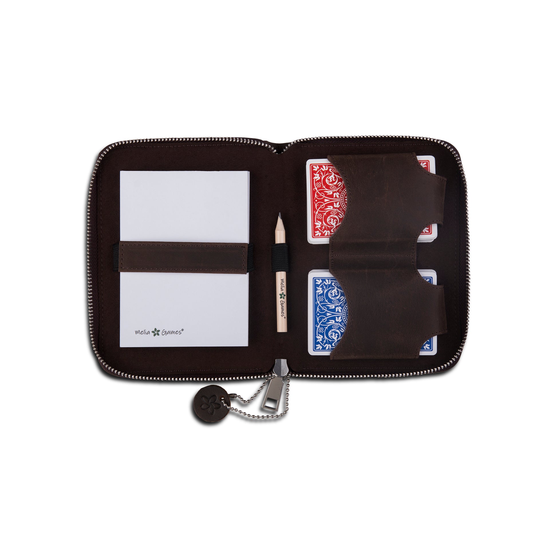 Dark Brown MELIA Playing Cards Set Deluxe with fitted leather interior and two card decks