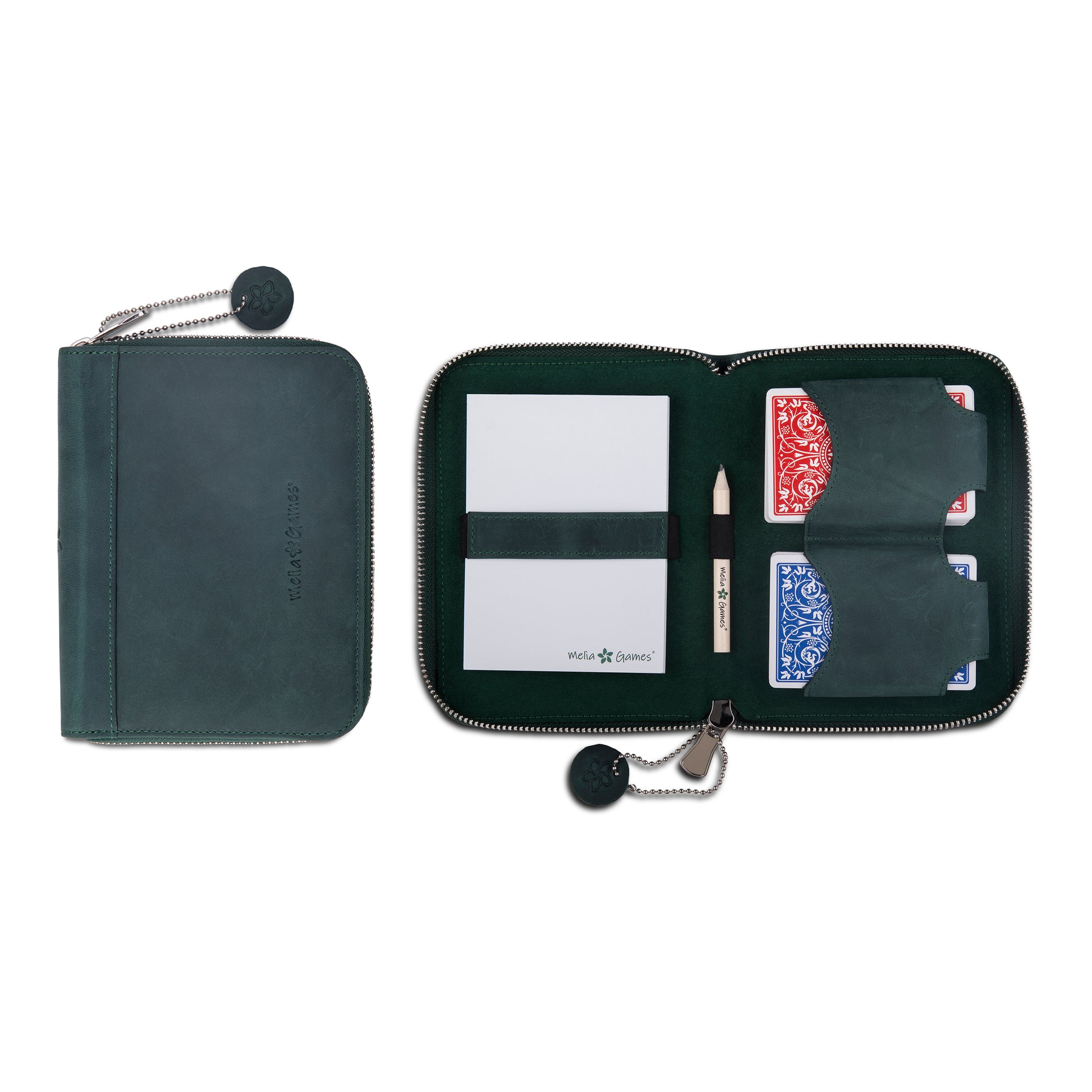 MELIA Playing Cards Set Deluxe in Forest Green full-grain leather, open and closed