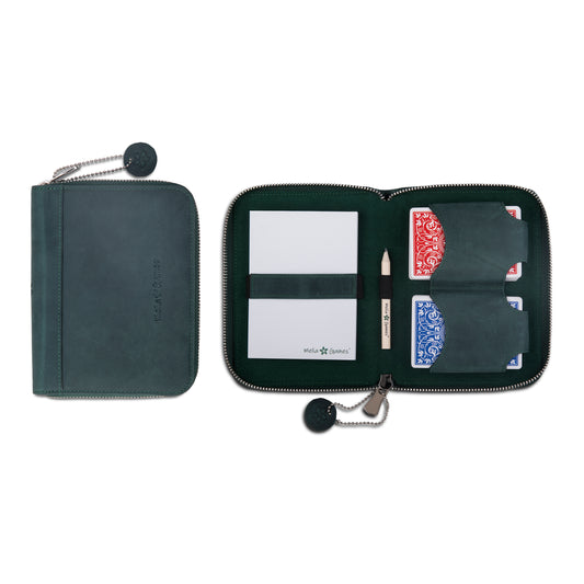MELIA Playing Cards Set Deluxe in Forest Green full-grain leather, open and closed