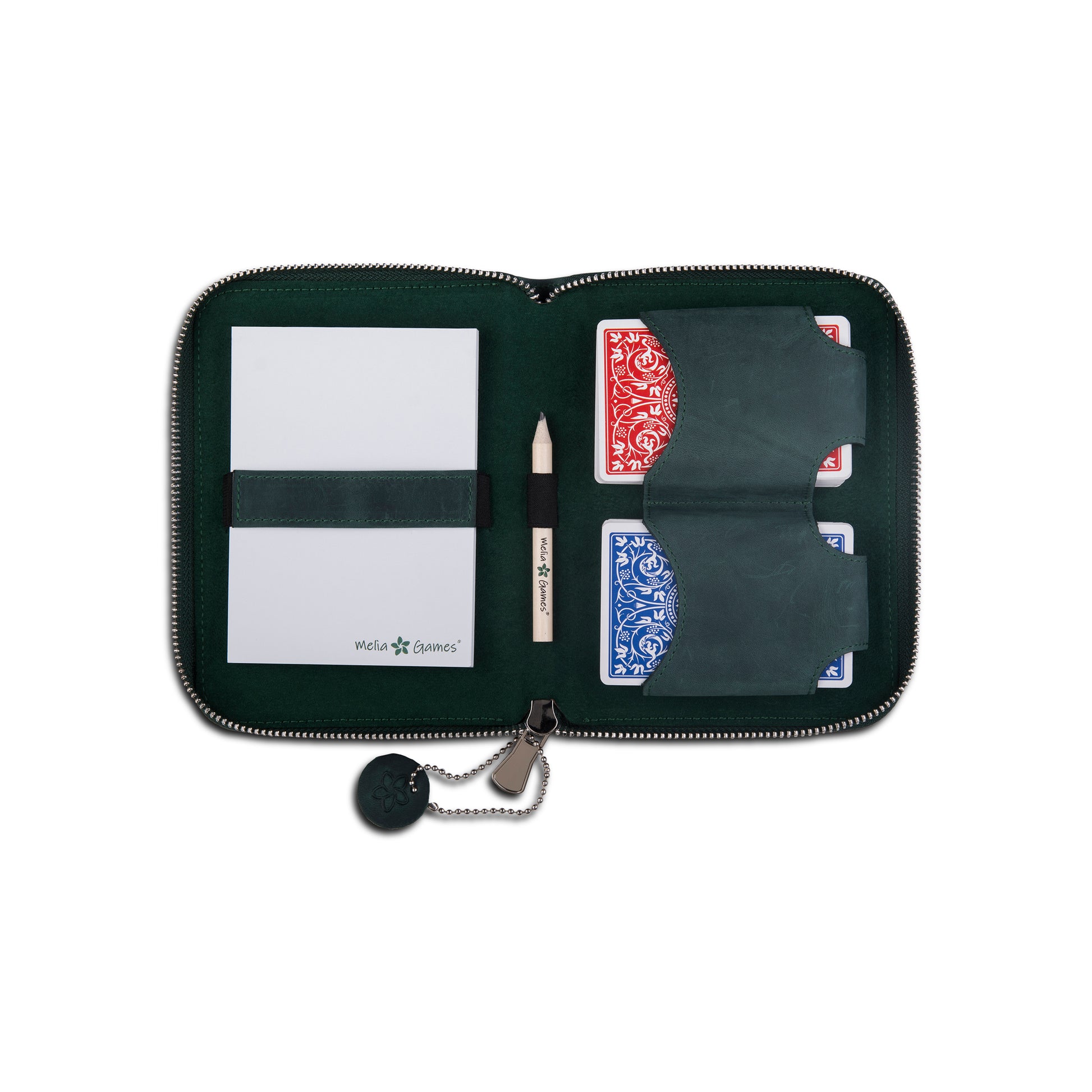 Open MELIA Playing Cards Deluxe Forest Green with two card decks, scorebook and pencil