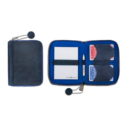 MELIA Playing Cards Set Deluxe in Navy Blue full-grain leather, open and closed