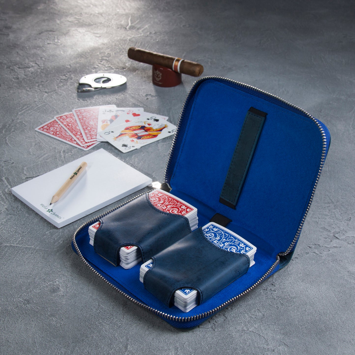 MELIA Playing Cards Deluxe in Navy Blue leather designed for travel