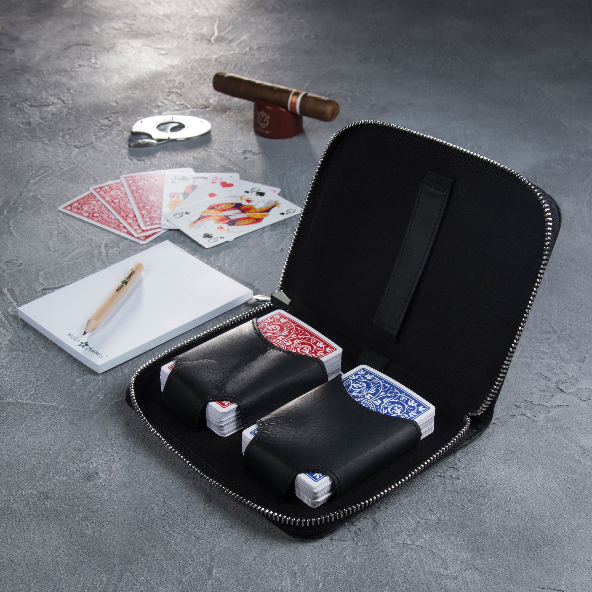 Pure Black MELIA Playing Cards Deluxe leather case designed for travel