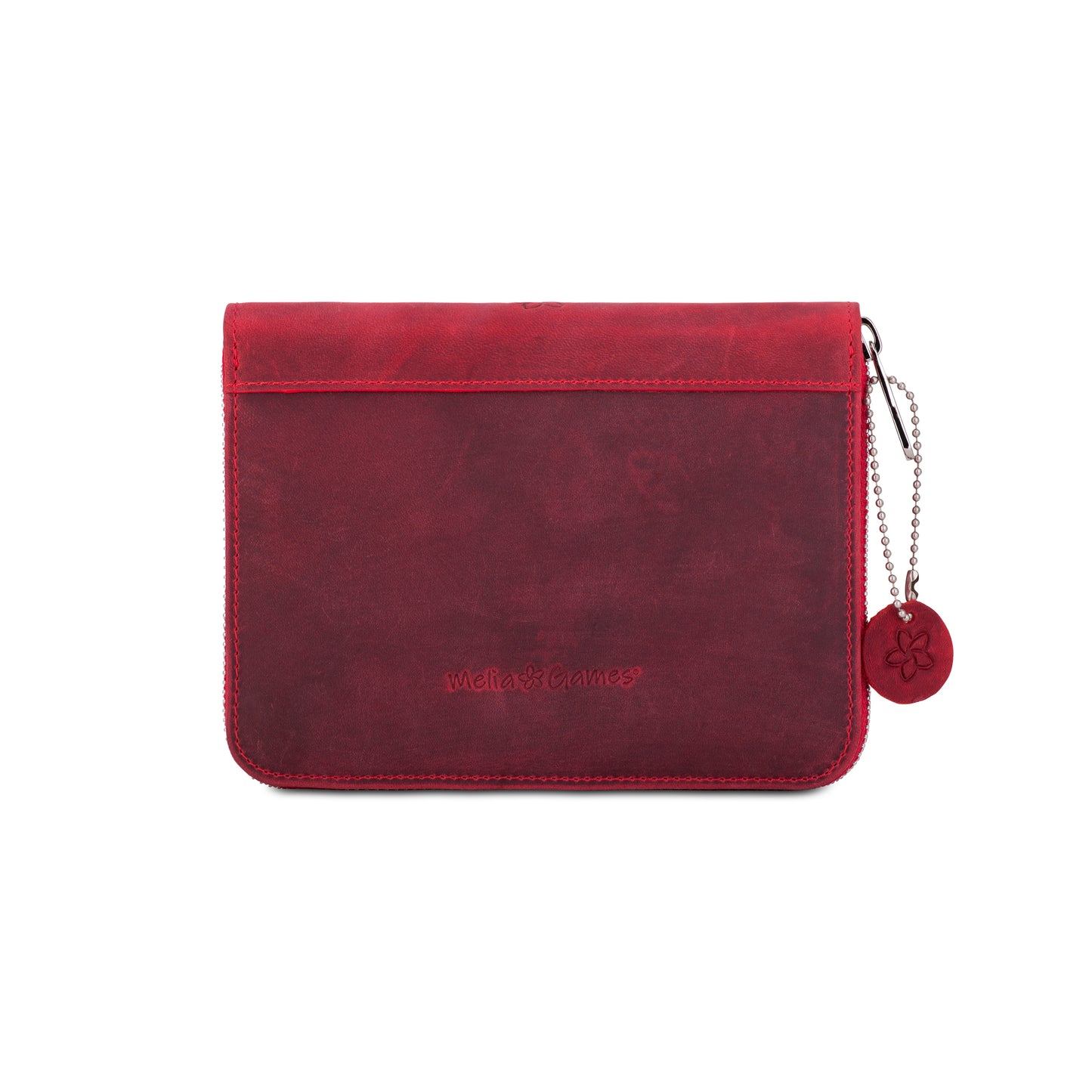 Smoky Fire red leather MELIA Playing Cards case showing natural grain and patina