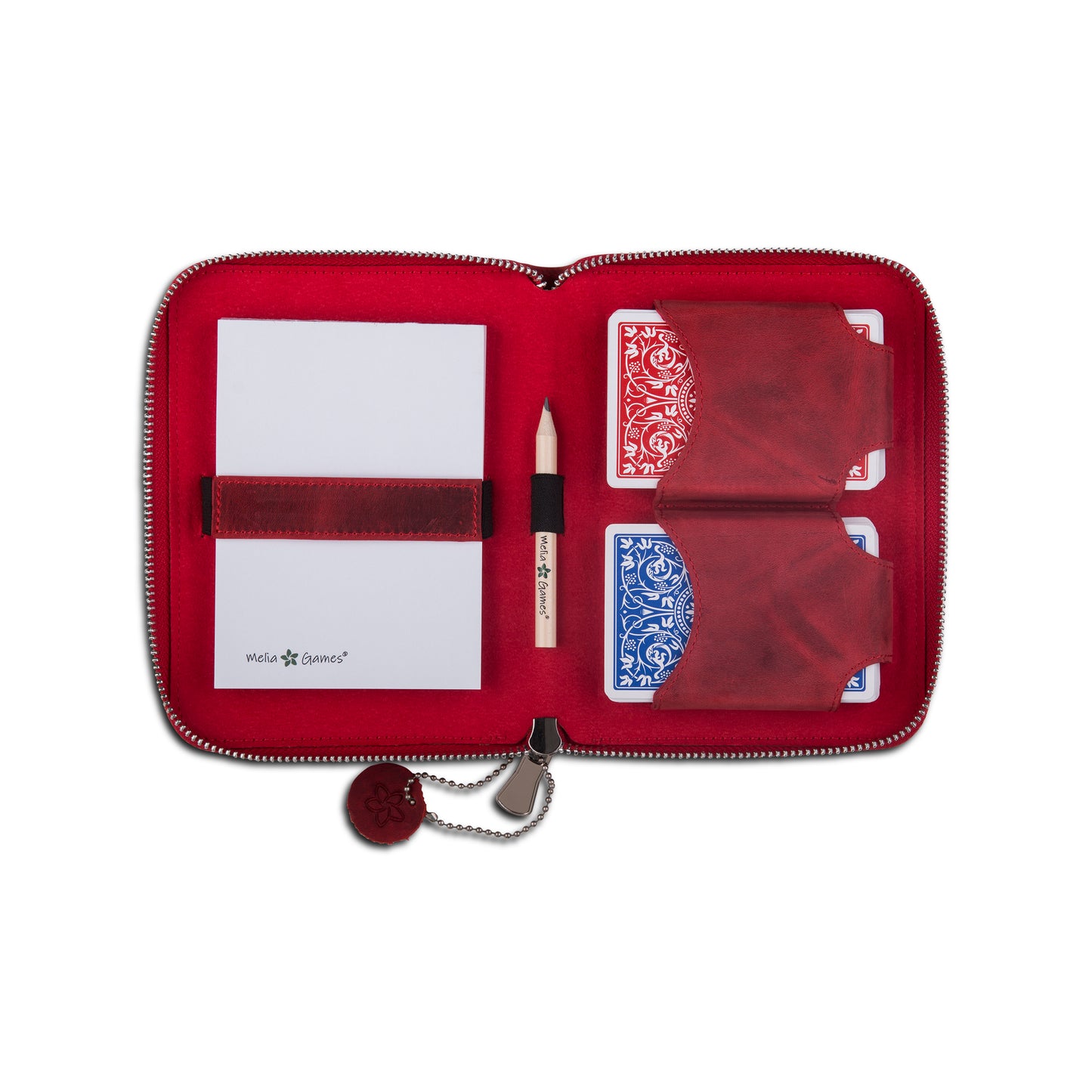 Open MELIA Smoky Fire leather card case with two playing card decks and scorebook