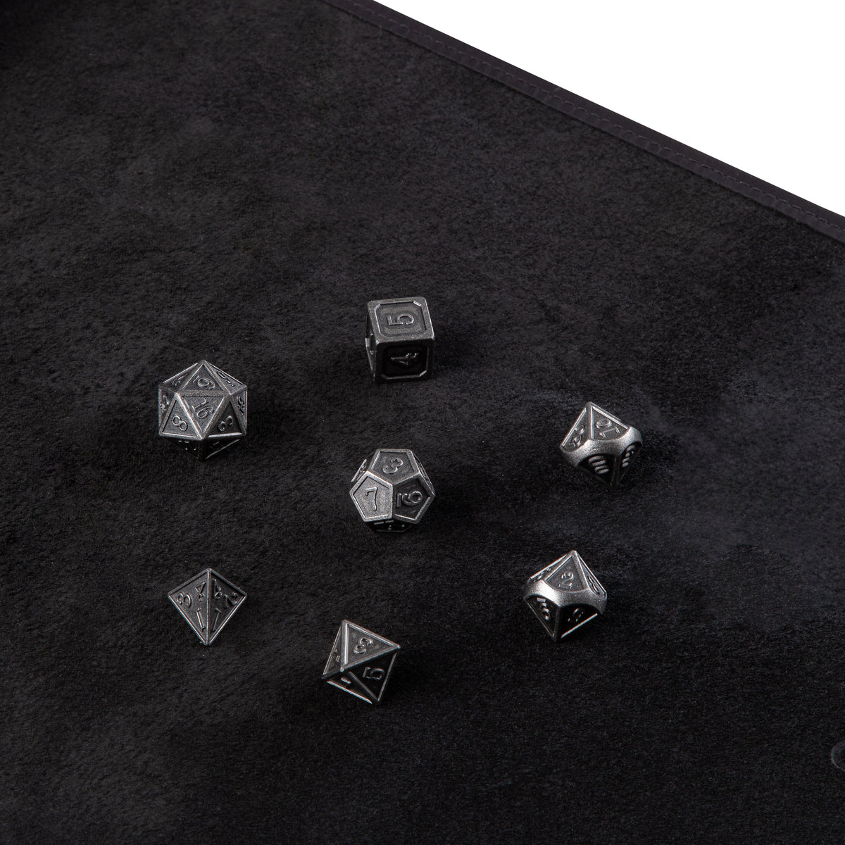 Pure Black leather RPG dice mat with Bronze metal dice
