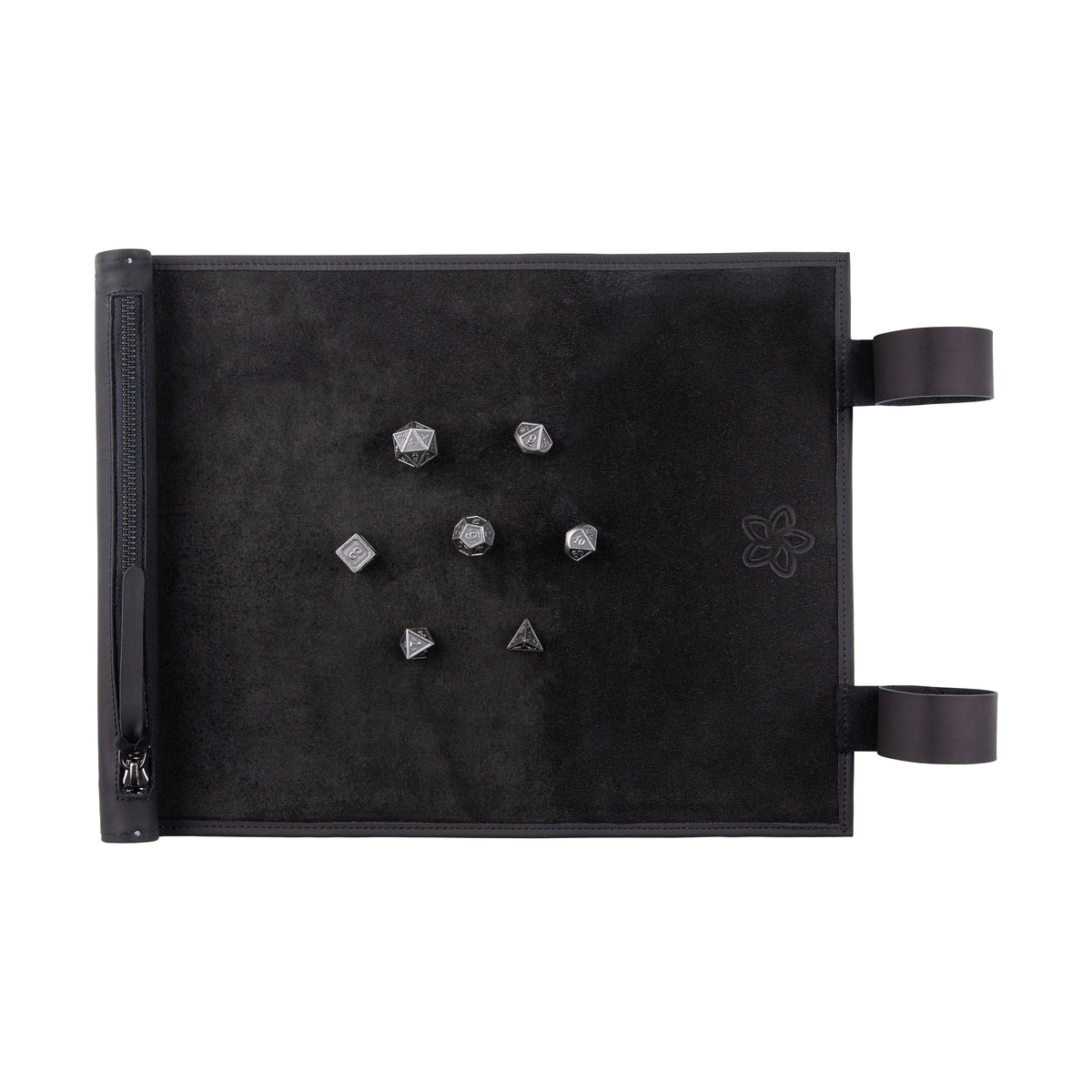 Pure Black leather RPG dice mat with Iron metal dice