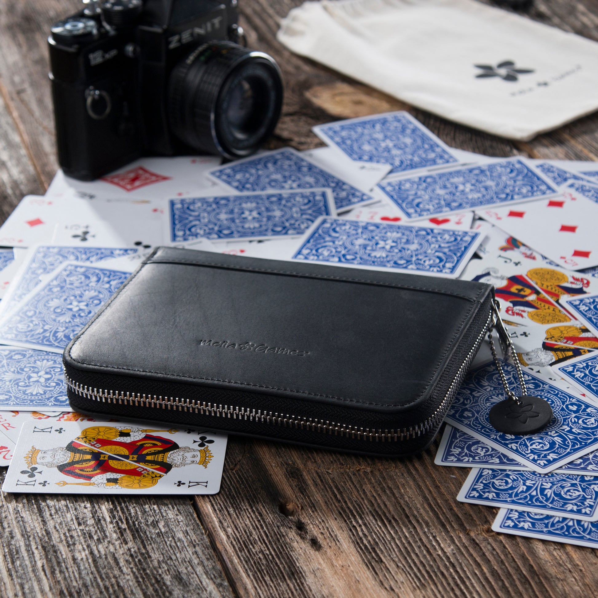 MELIA Pure Black leather playing card case with playing cards during travel