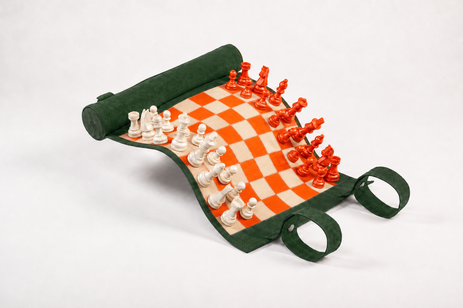 Roll-Up Magnetic Leather Chess Set Eire in green nubuck leather with orange and ivory magnetic chess pieces