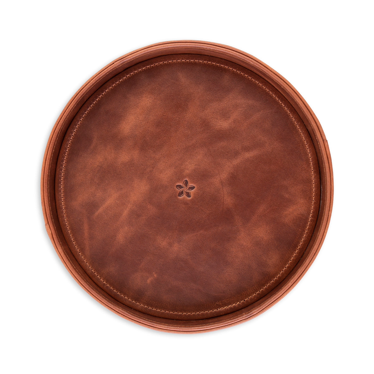 MELIA handcrafted round leather catchall tray in brown full-grain leather