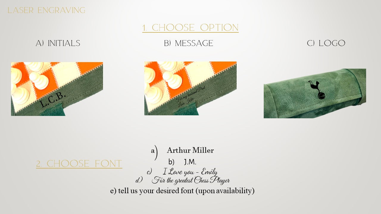 Available engraving options of the MELIA Signature Chess Collection