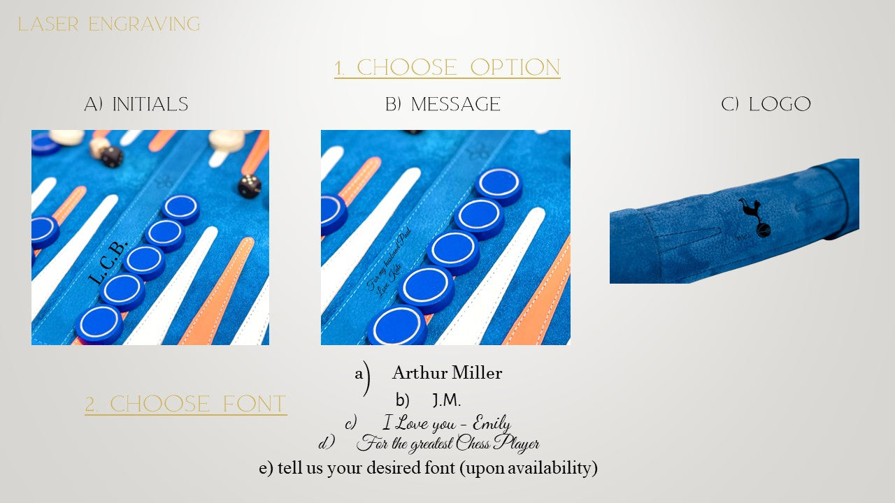 Leather craftsmanship and material engraving details of the MELIA Tropicana backgammon set