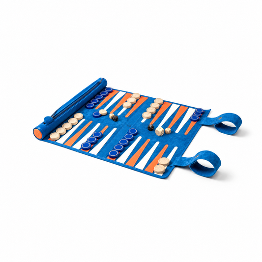 MELIA Tropicana roll-up leather backgammon set in blue nubuck leather