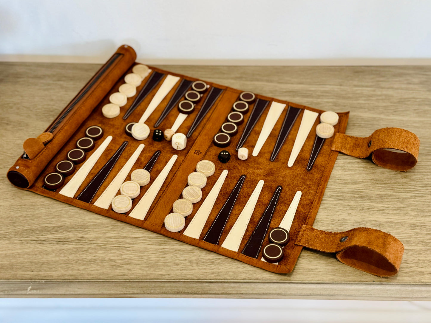 Luxury Whiskey leather backgammon set with wooden checkers and dice