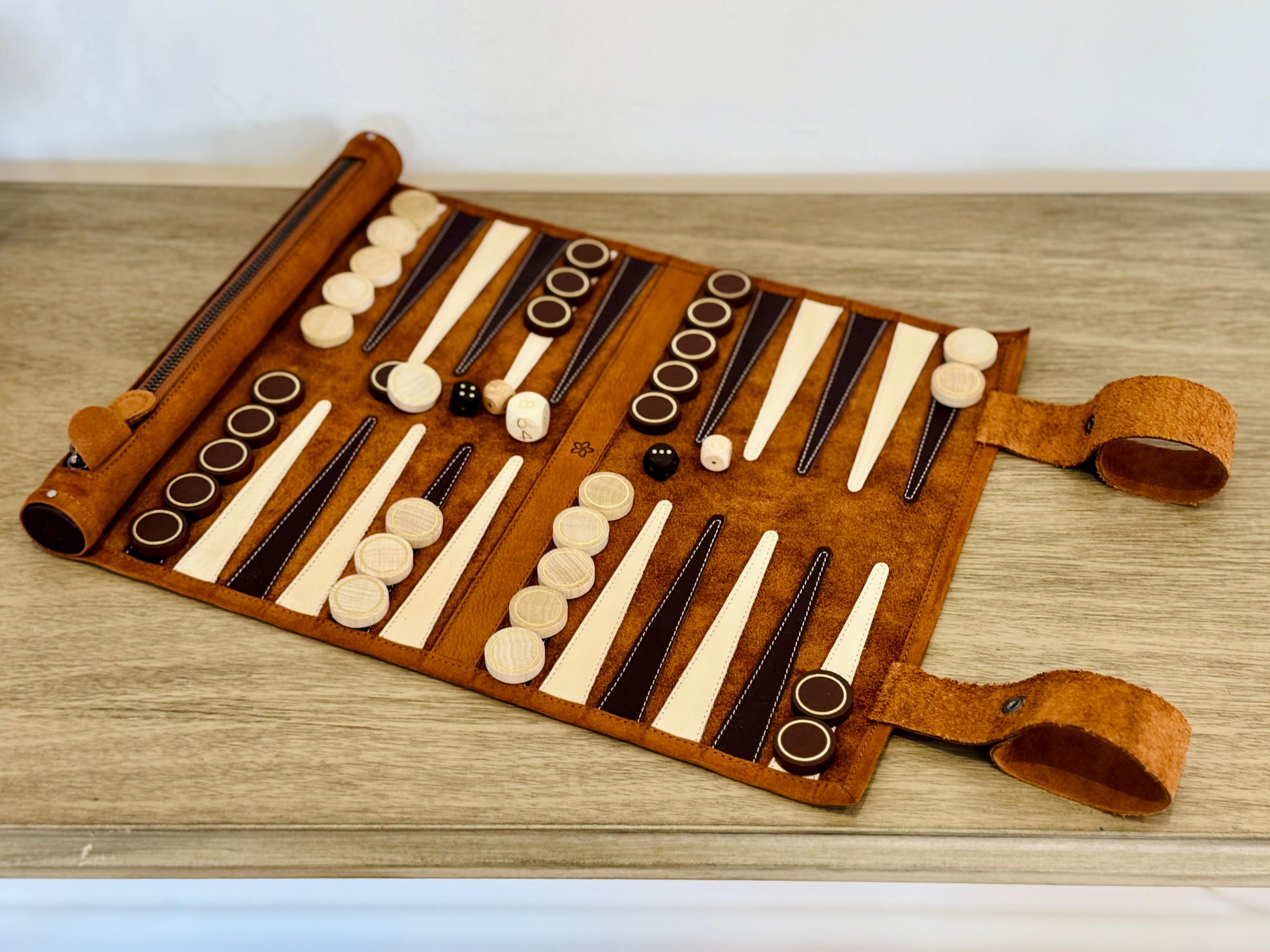 Luxury Whiskey leather backgammon set with wooden checkers and dice