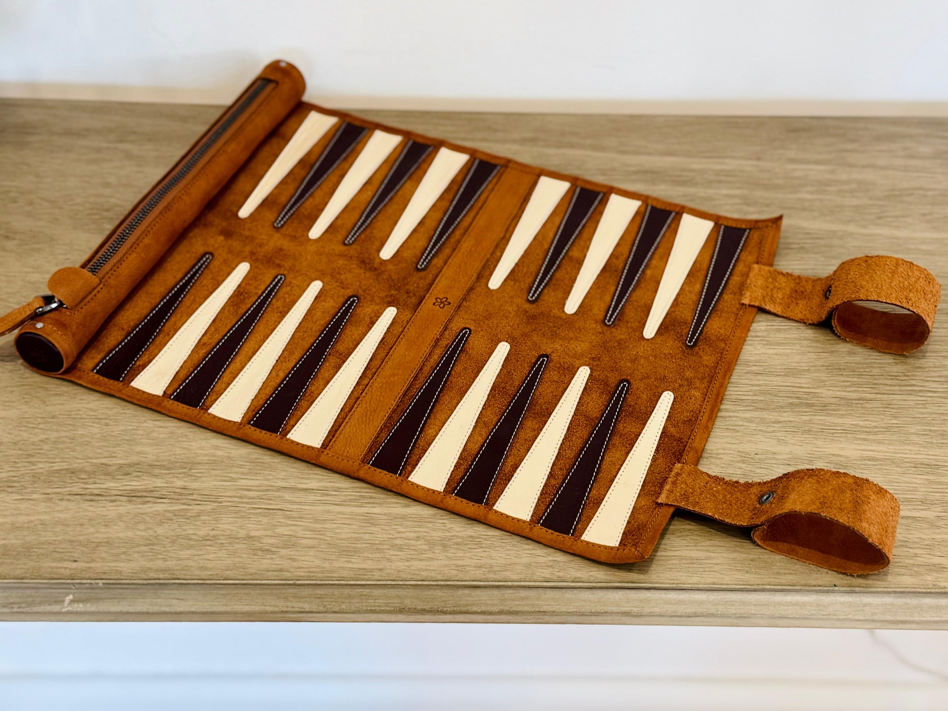 Open MELIA Whiskey roll-up backgammon set handcrafted from premium nubuck leather