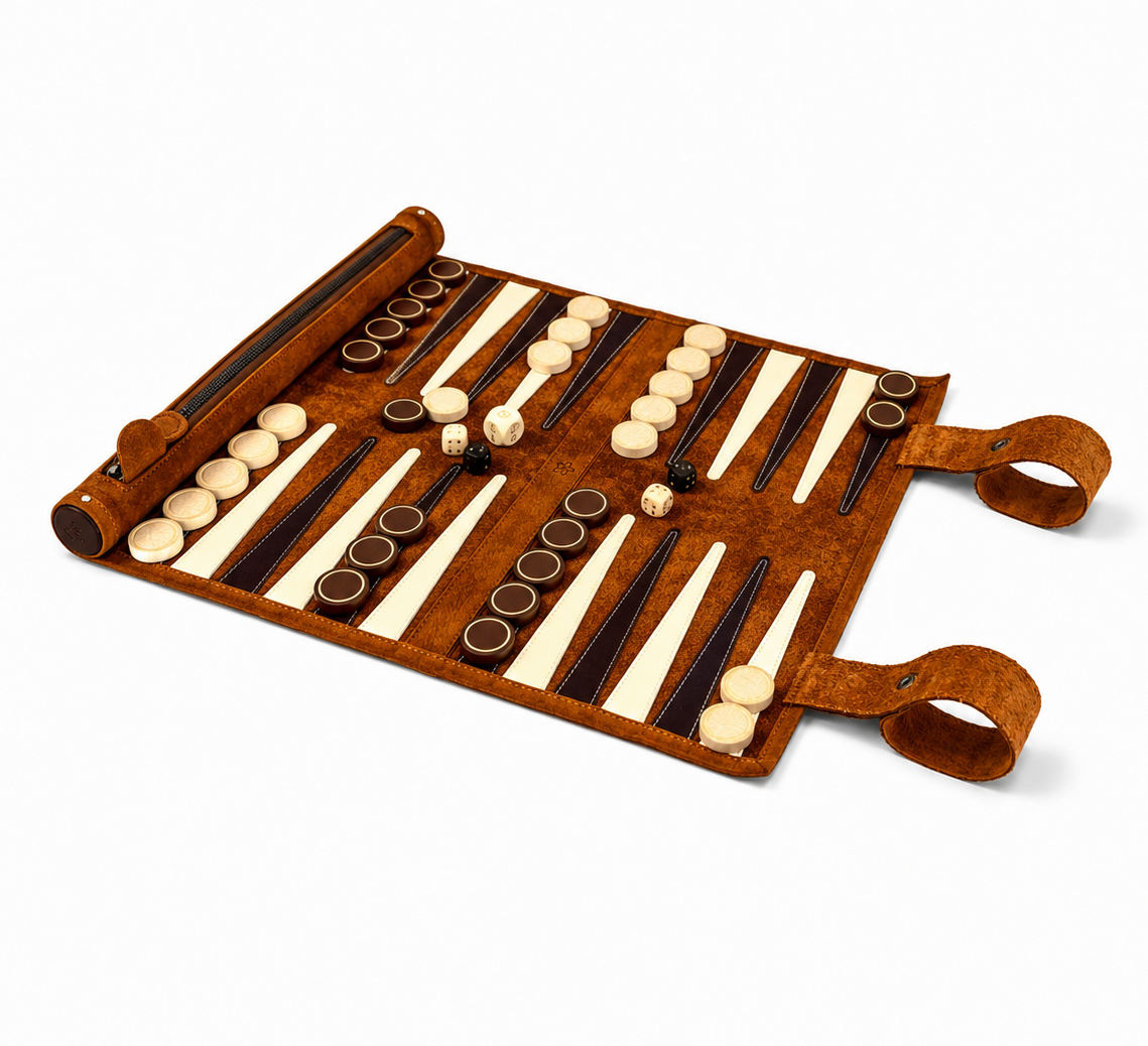 MELIA Whiskey roll-up leather backgammon set handcrafted in Europe
