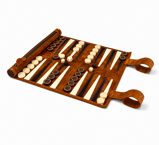MELIA Whiskey roll-up leather backgammon set handcrafted in Europe
