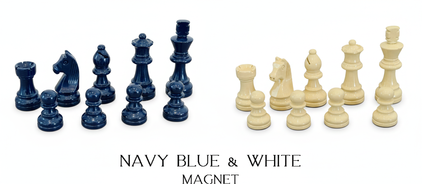 Navy blue and white lacquered magnetic Staunton chess pieces by MELIA