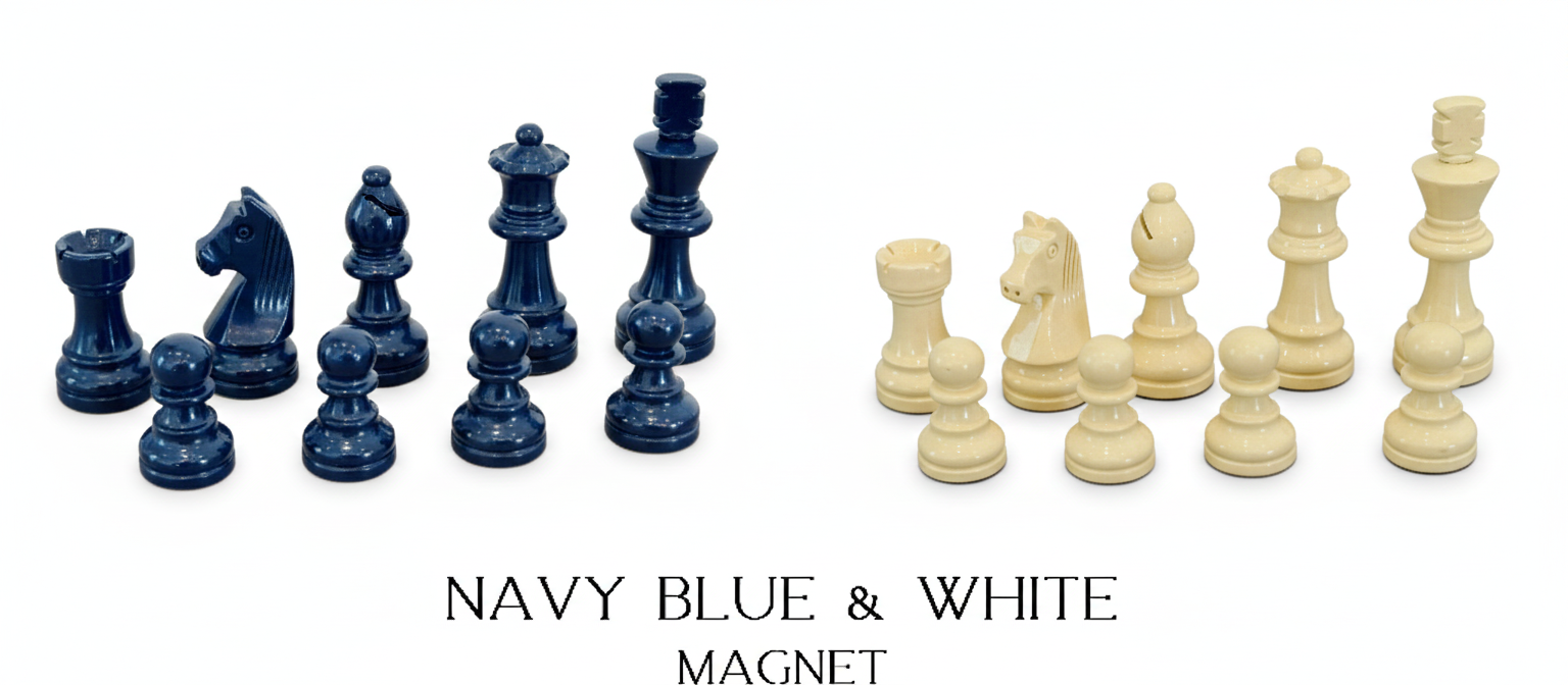 Navy blue and white lacquered magnetic Staunton chess pieces by MELIA