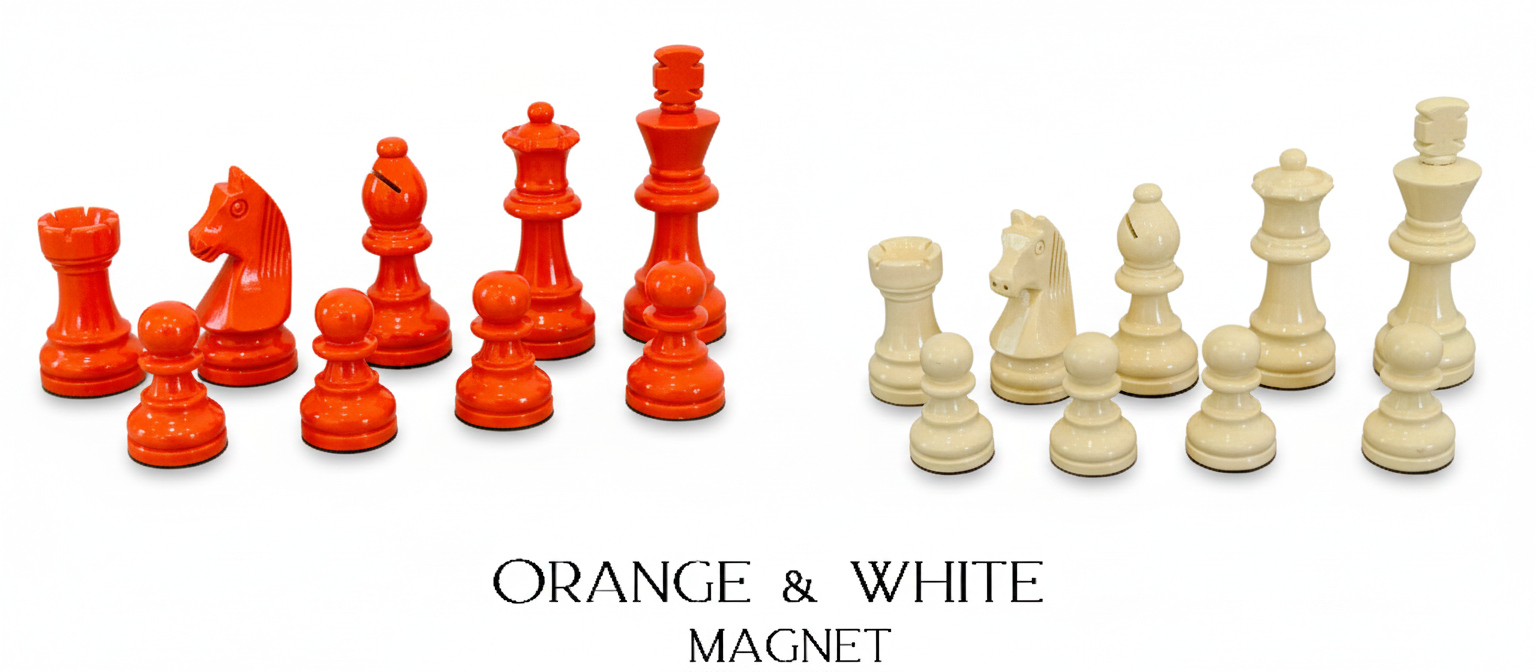 Orange and white lacquered magnetic Staunton chess pieces by MELIA
