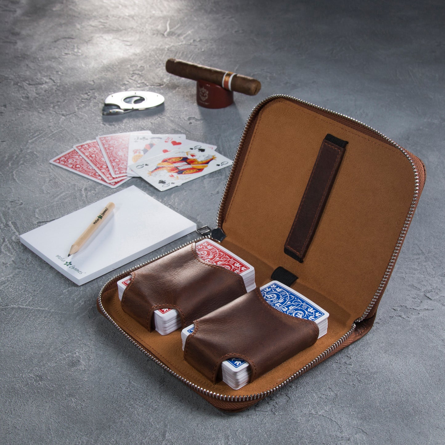 Open MELIA Playing Cards Set Deluxe with two card decks, scorebook and pencil