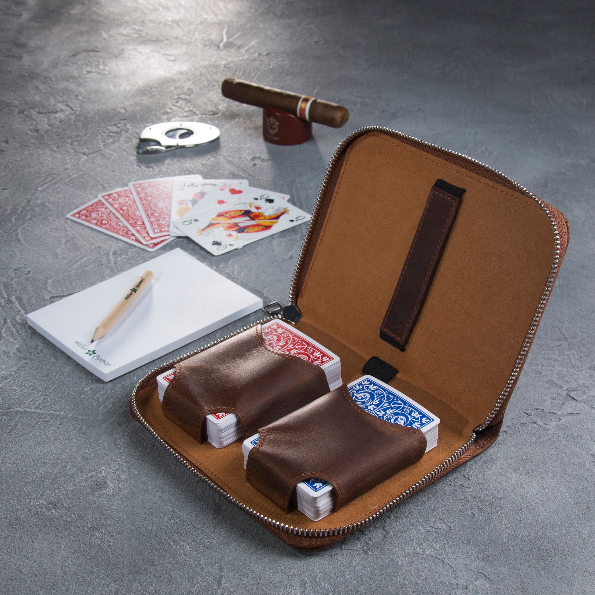 Open MELIA Playing Cards Set Deluxe with two card decks, scorebook and pencil
