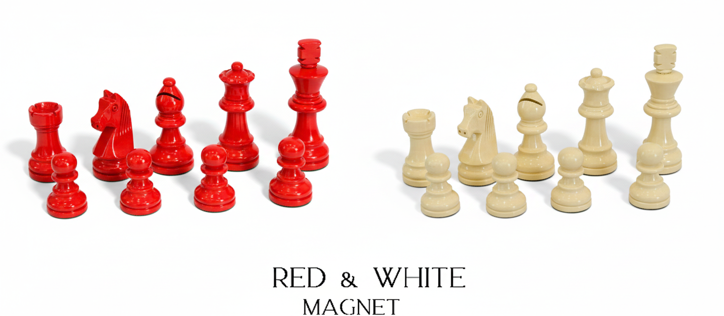 Red and white lacquered magnetic Staunton chess pieces by MELIA