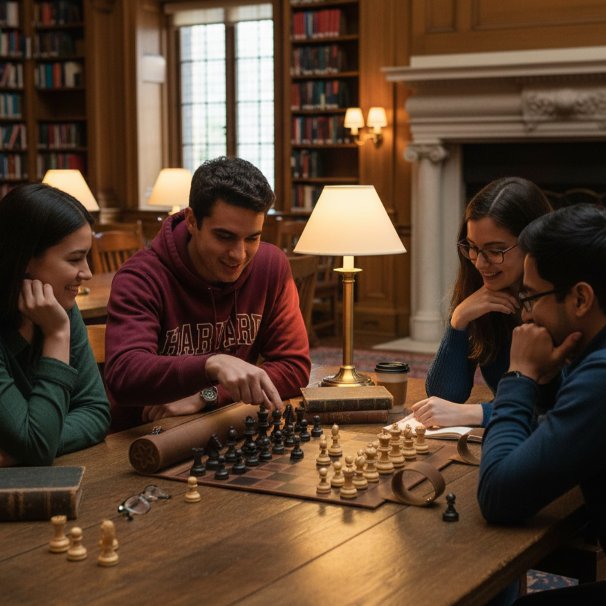 Friends playing the MELIA Classic Brown roll-up leather chess set during an evening gathering