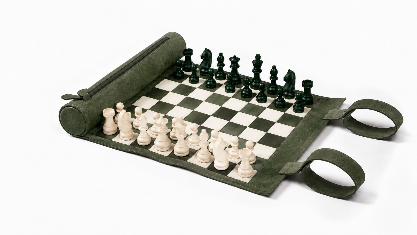 Celtics magnetic leather chess set with green and ivory chess pieces