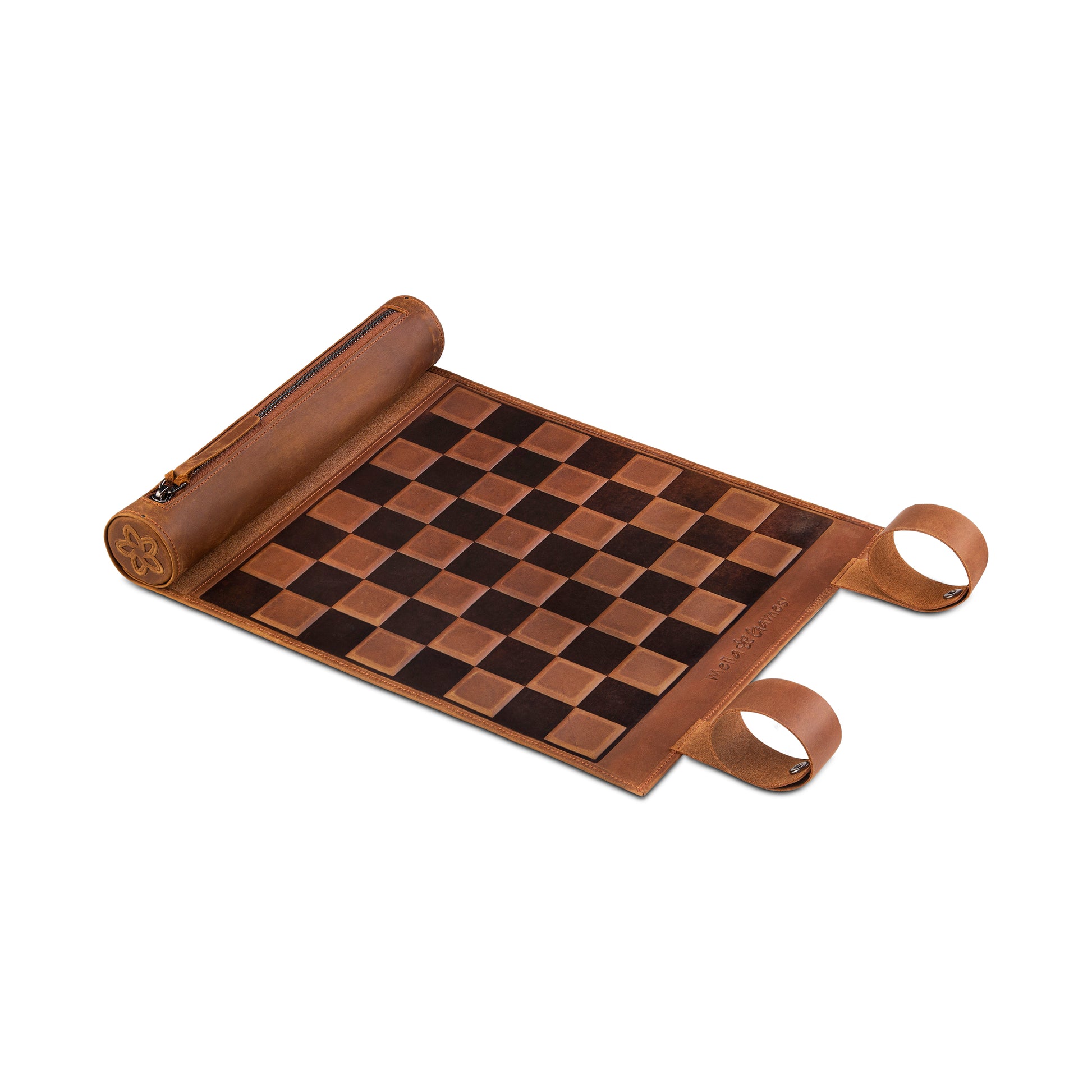 Premium full-grain leather chess board in Classic Brown with magnetic roll-up construction by MELIA