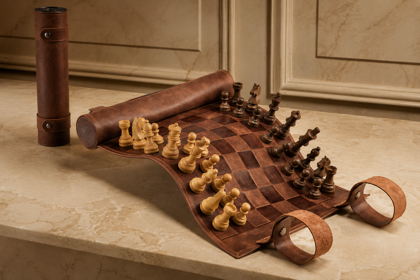 Luxury leather chess set in Classic Brown displayed in an elegant interior with handcrafted magnetic chess pieces