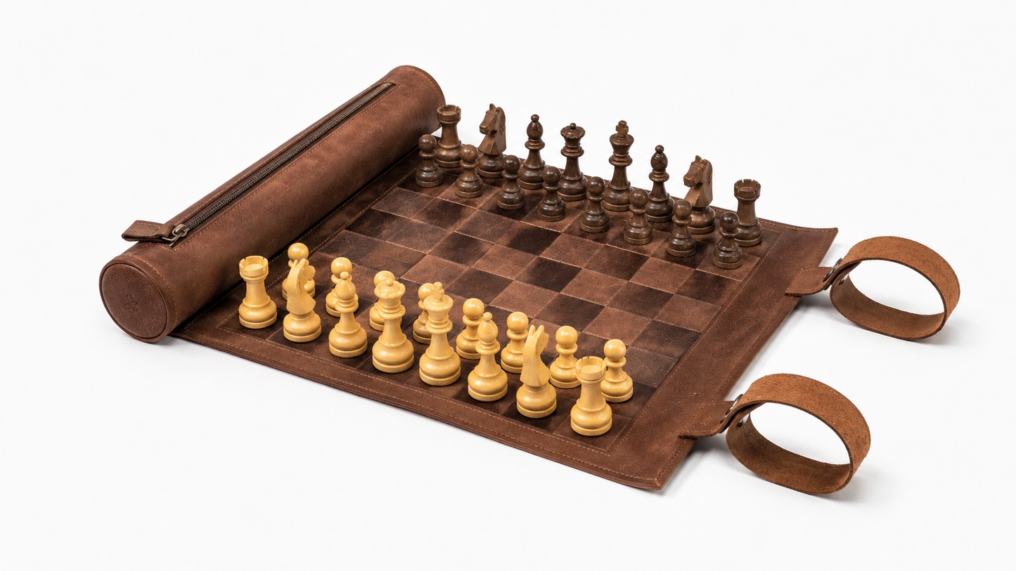 Roll-Up Magnetic Leather Chess Set – Classic Brown opened with handcrafted magnetic wooden chess pieces arranged for play