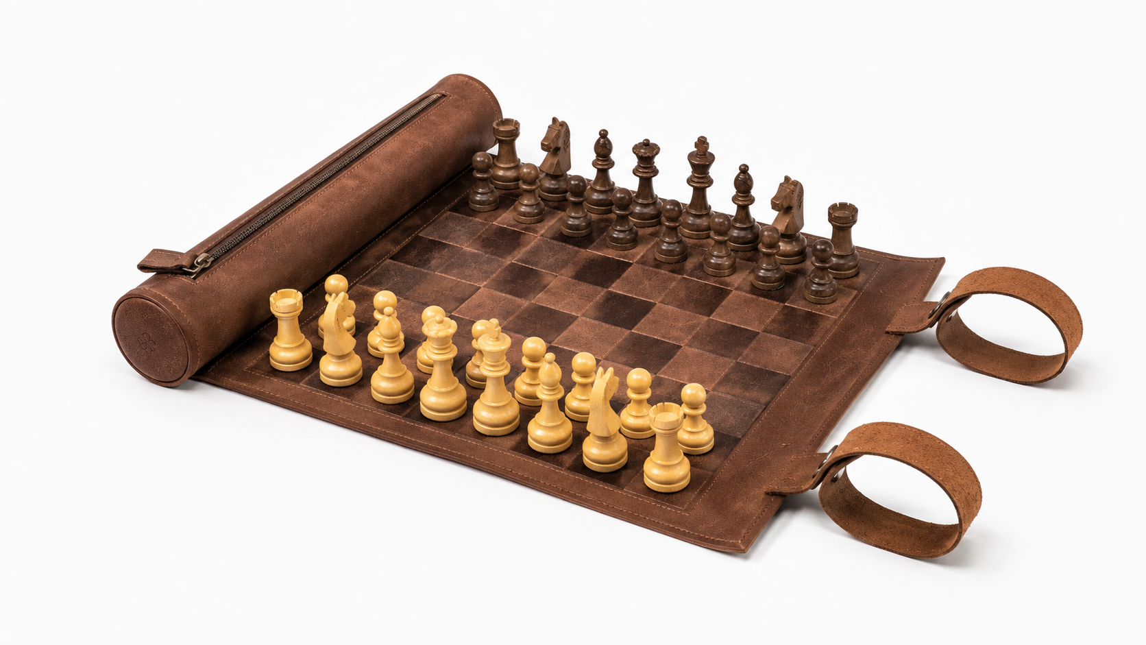 Roll-Up Magnetic Leather Chess Set – Classic Brown opened with handcrafted magnetic wooden chess pieces arranged for play