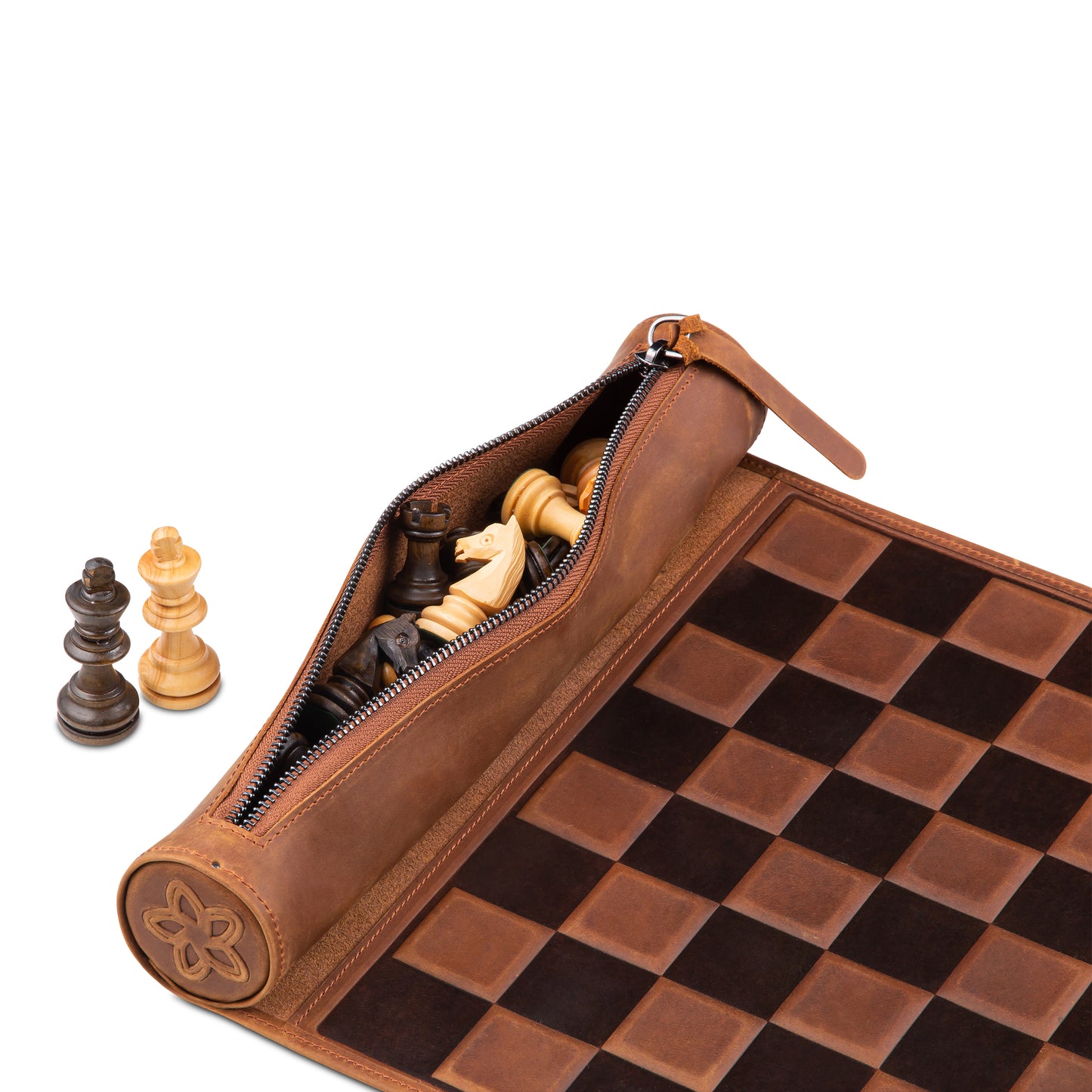 Integrated leather storage compartment with handcrafted magnetic wooden chess pieces inside the Classic Brown chess set