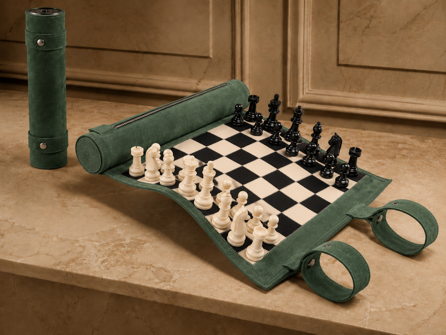 Genève magnetic leather chess set displayed in an elegant European interior