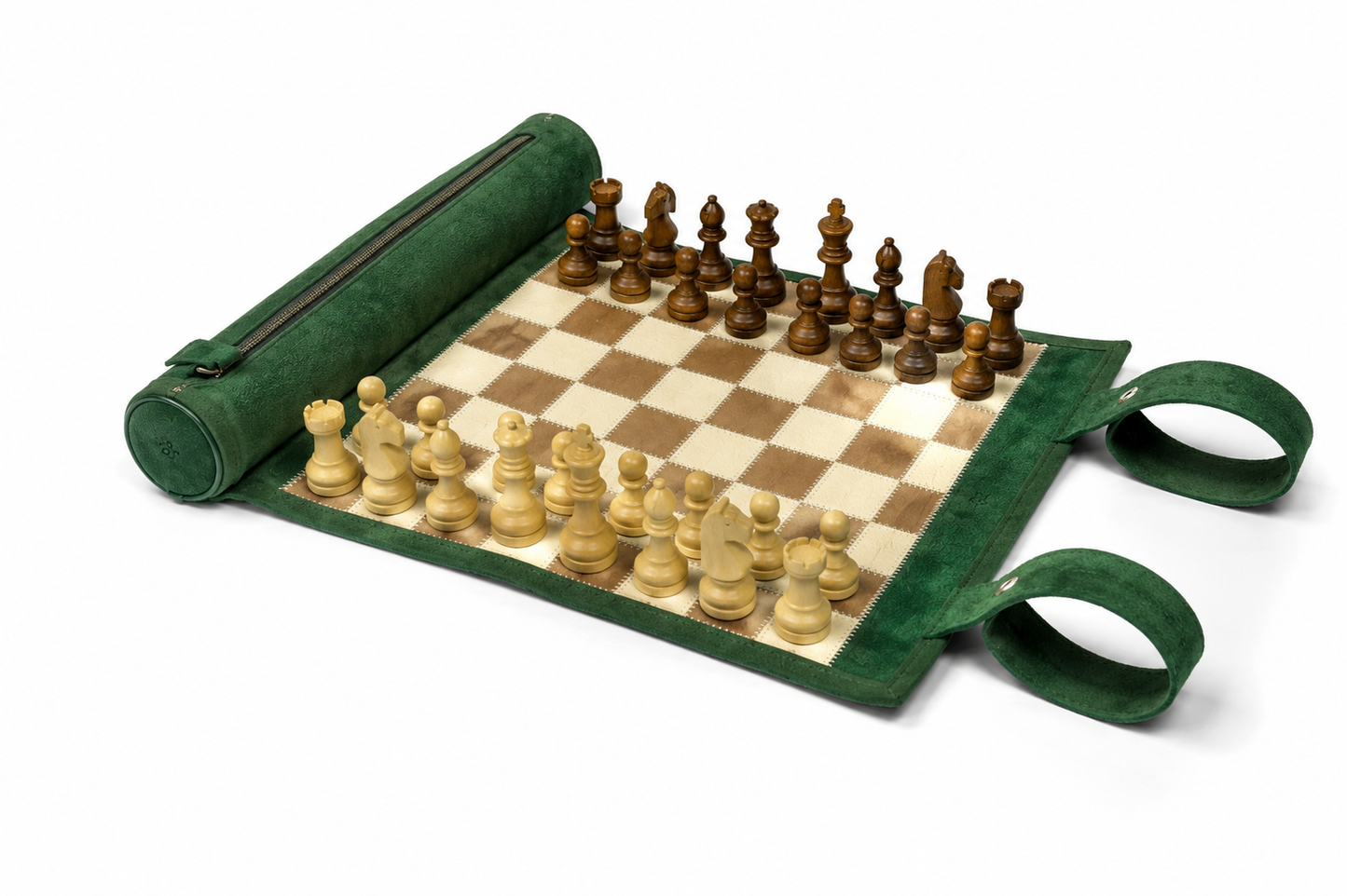 Open Grande Dame magnetic leather chess set handcrafted in Europe