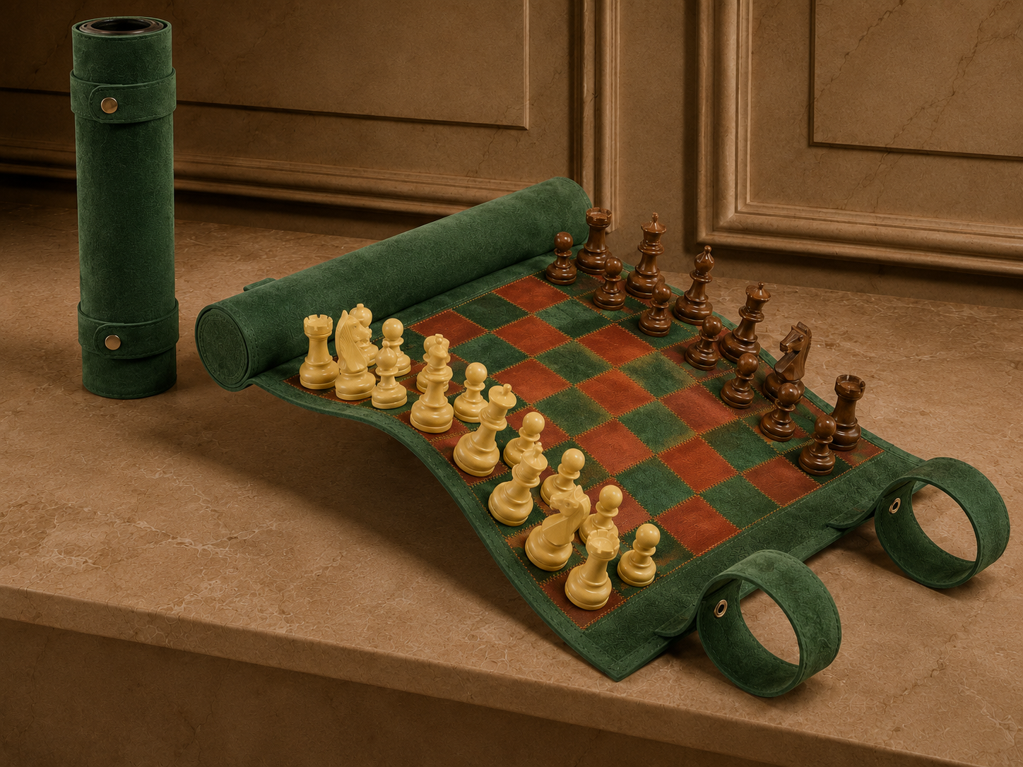 Hunter magnetic leather chess set displayed in a luxury interior