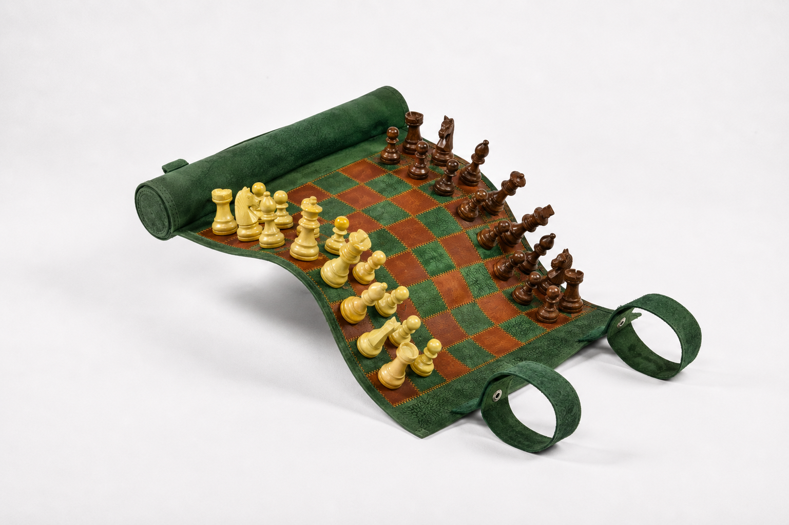 Roll Up Magnetic Leather Chess Set Hunter handcrafted in premium green nubuck leather