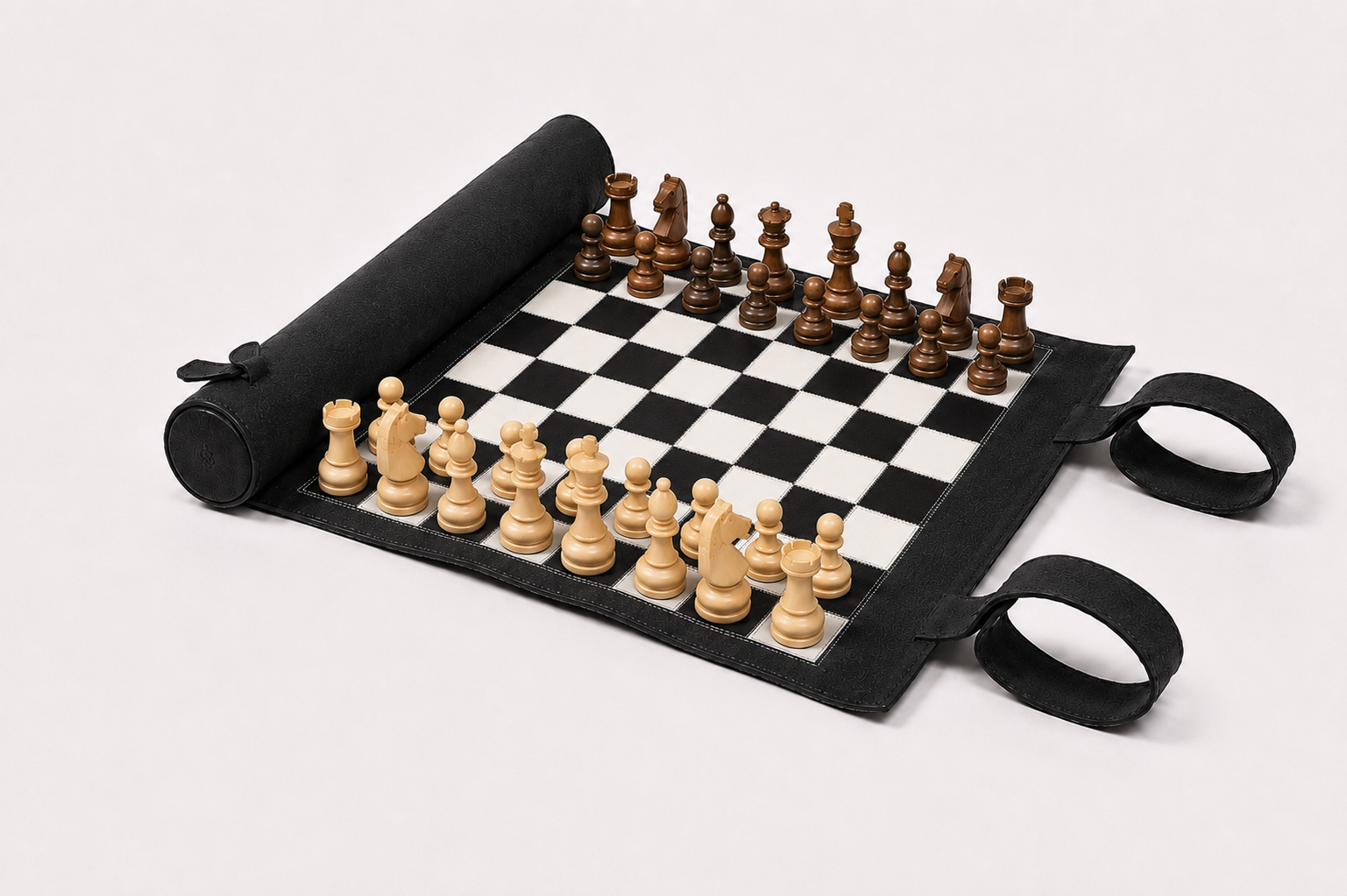 Premium black leather chess board with magnetic wooden chess pieces and handcrafted roll-up construction