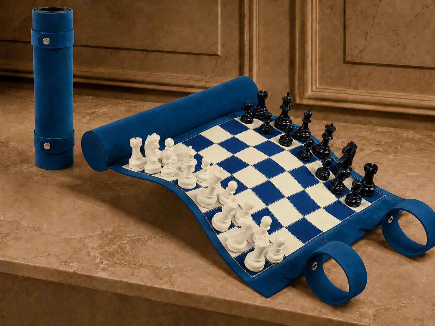 Ocean Blue magnetic leather chess set displayed in an elegant coastal interior