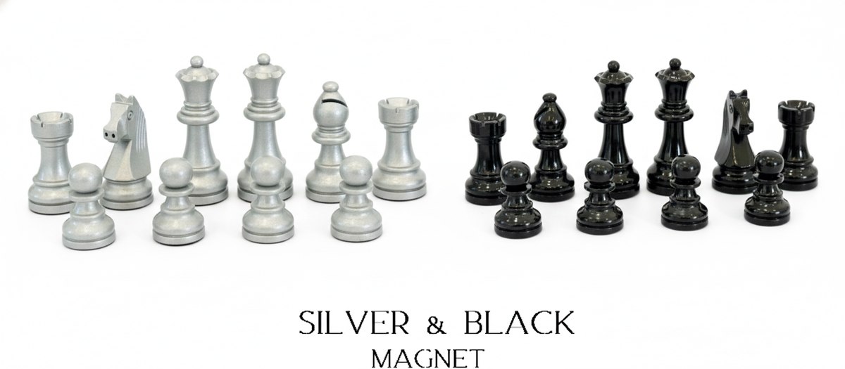 Silver and black lacquered magnetic Staunton chess pieces by MELIA