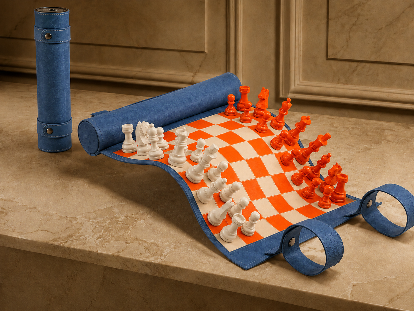 Tropicana luxury magnetic leather chess set displayed in a stylish interior