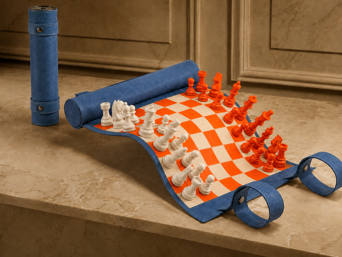 Tropicana luxury magnetic leather chess set displayed in a stylish interior